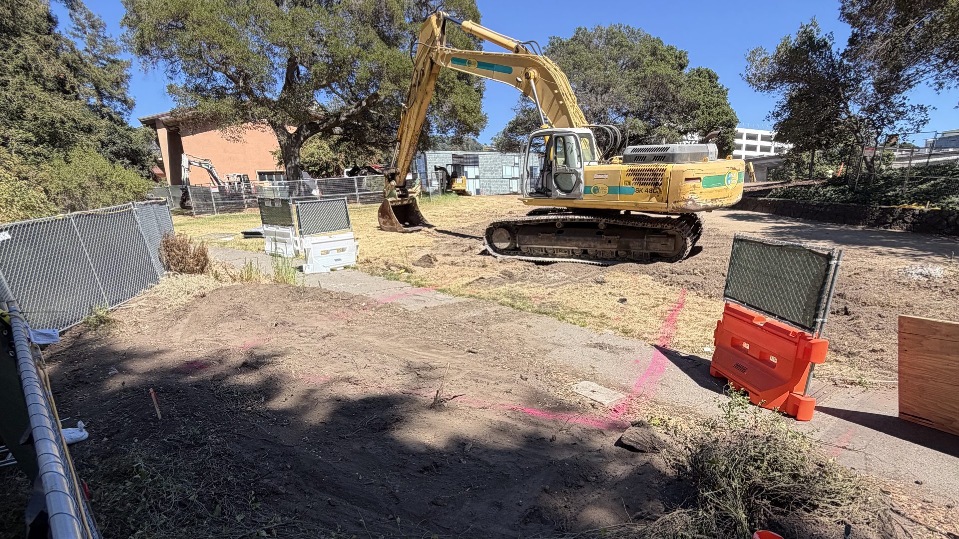 An excavator standing on bare, stripped ground behind construction fencing where the California pipevine stand grew at Strawberry Creek, UC Berkeley